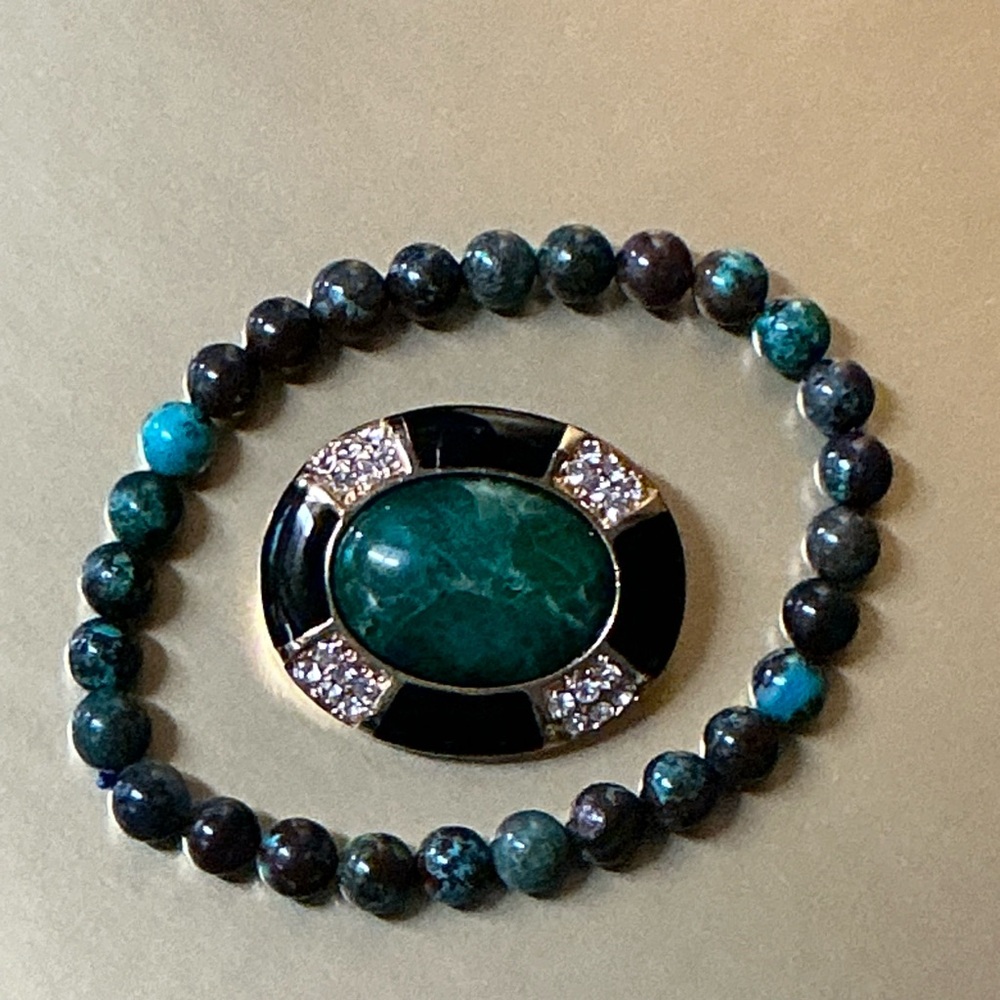 Moss Marble Agate Green and Black Stone Pin and Bracelet Set